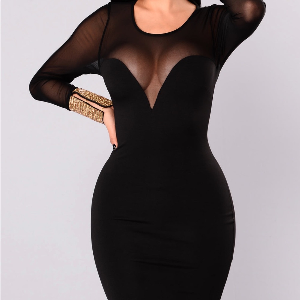 Long Sleeve Mesh Black Dress With Gold Sleeve Detail